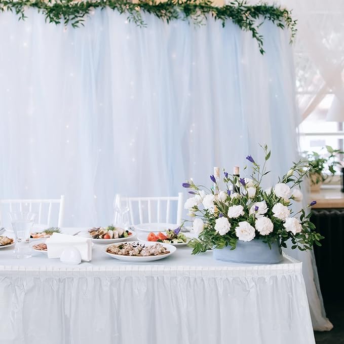 TURSTIN 6 Pieces White Plastic Table Skirts 14 Feet x 29 Inch for Rectangle Tables Fitted Tablecloth Disposable Table Cover for Birthday Party, Events, Banquette Baby Shower
