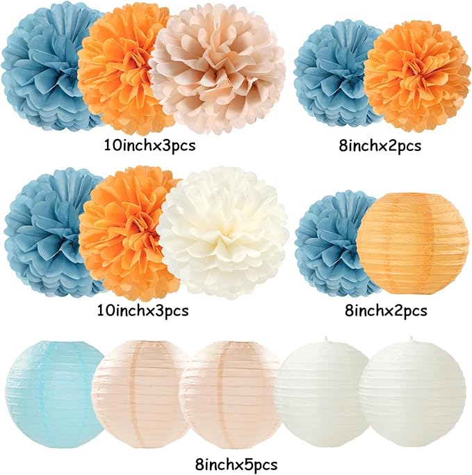 Dusty-Blue Orange Party-Decorations Paper-Flowers Lanterns - 15pc Boho Fall Peach Beige Tissue Pom Poms Streamers,Birthday Bachelorette Bridal Baby Shower Engagement Wedding Graduations Decor Panduola