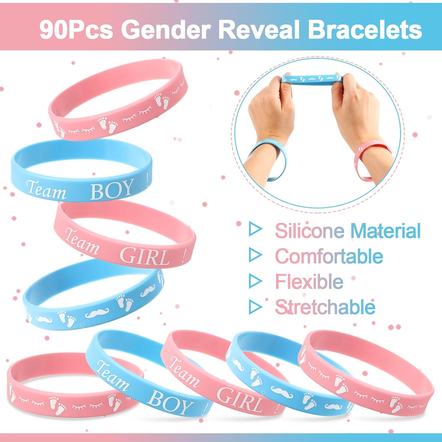Jetec Pink Blue Gender Reveal Party Favors Bracelets, Team Boy Silicone Wristbands and Team Girl Rubber Bracelets for Gender Reveal Game Party Supplies Decorations