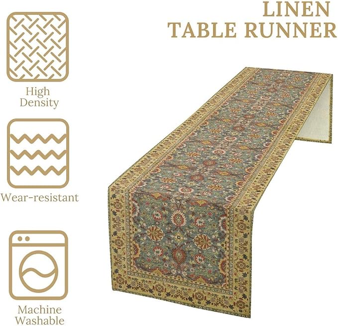 Boho Floral Vintage Beige Blue Table Runner, Retro Flower Rustic Country Farmhouse Abstract Pattern for Home Kitchen Table Decor Dining Coffee Room Party Decor 13x90in