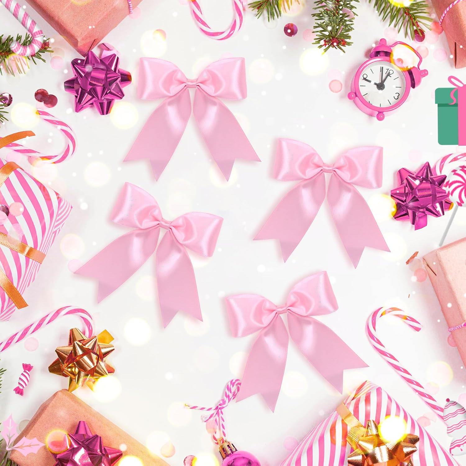 24 Pcs Pink Satin Ribbon Bows Christmas Tree Decorations, Christmas Wreath Bow Topper for Xmas Gift Packaging Home Wreath Fence Fireplace Wedding Party Decor
