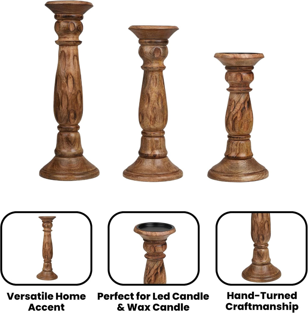 Rustic Wooden Candle Holder Set of 3, Hand-Carved Mango Wood with Elegant Design, Vintage Unique Carving Home Décor Pillar & Tea Light Candle Stands, Boho Chic Accent - 14,12,10 Inch Burnt