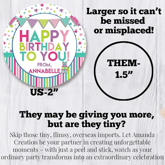 Custom & Personalized Happy Birthday to You Gift Tag Sticker Labels in Pastel Colors for Girls, 40 2" Party Circle Stickers by AmandaCreation, Also Great for Envelope Seals & Gift Bags