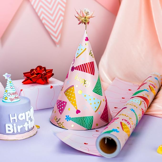 Yarcony Pink Birthday Wrapping Paper for Girl Women, Metallic Foil Girly Party Hat, Bow Design Happy Birthday Gift Wrap Paper for Kid Party, Baby Shower, Holiday (Mini Roll, 17 Inch X 33 Feet)