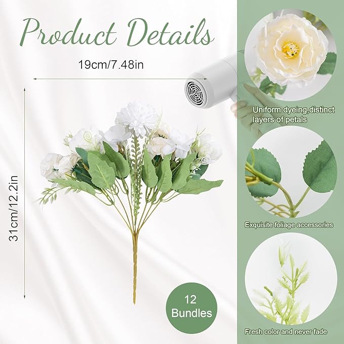 12 Packs Peonies Artificial Flowers,Silk Artificial Peonies Flowers Fake Peony Faux Floral Arrangements Bouquet for Centerpiece Table Wedding Party Home Decor White