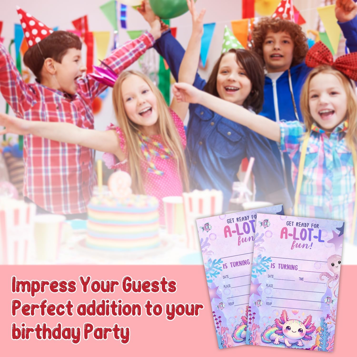 Axolotl Birthday Party Invitation Cards for Kids, 20 Party Invites with Envelopes, Cute Purple Ocean Animal Birthday Invitations for Boys Girls Teens Children, Axolotl Birthday Party Decorations -L860