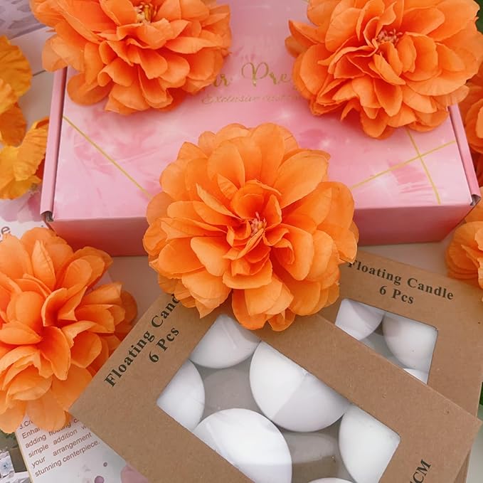 24 Pcs Floating Candles for Centerpieces and Floating Flowers Vase Fillers for Centerpieces Orange Artificial Flowers for Wedding Table Party Home Decoration