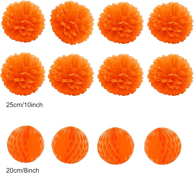 Hanging Paper Fan Set, Tissue Paper Pom Poms Flower Fan and Honeycomb Balls for Birthday Baby Shower Wedding Festival Decorations - Orange