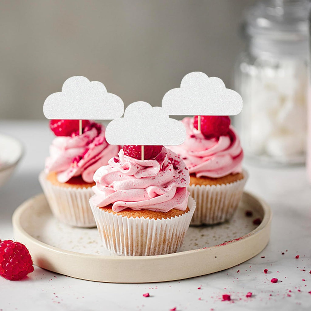 24 Pack White Cloud Cupcake Toppers Glitter Cloud Cupcake Picks Baby Shower Kids Birthday Wedding Party Cake Decorations Supplies White