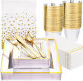 Festiva 176Pcs Clear and Gold Plastic Plates - Square Clear Plates with Gold Trim - Dinnerware Set for 25Guest include Cups Cutlery Napkins for Thanksgiving Party&Wedding&New Year