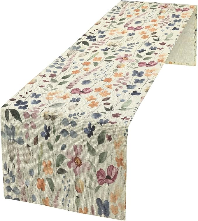 Watercolor Floral Table Runner, Vintage Colorful Floral Natural Style Pattern Decorative Home Restaurant Kitchen Rectangle Table Runner,13in（33cm） W * 60in（152cm） L
