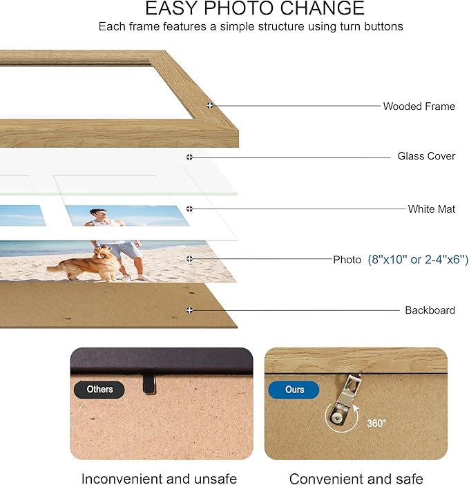 8x10 Picture Frame Set of 2, Natural Oak Wood Frame with Glass Collage Frame, Display Pictures Two 4x6 With Mat or 8 x 10 Without Mat - Horizontal or Vertical Wall Mounting