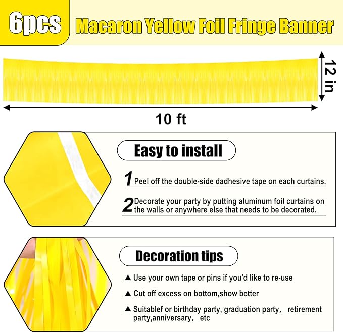 6 Pack 10 Feet Yellow Foil Fringe Garland Metallic Tinsel Streamers Banner Wall Hanging Curtain Backdrop for Parade Floats, Birthday, Graduate, Mother's Day, Wedding Party Decoration