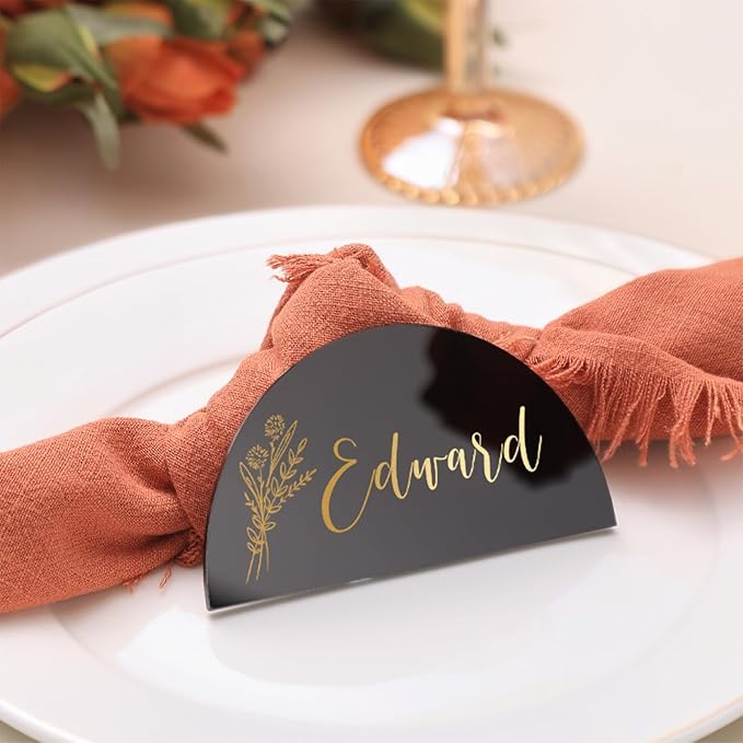 UNIQOOO 20 Pcs Black Semicircle Acrylic Place Cards, DIY Blank Half Circle Acrylic Sign, 1/8 inch Thick Perfect for Wedding Table Decor, Birthday, Centerpiece, Decoration, Party, Event,3.5x2 inches