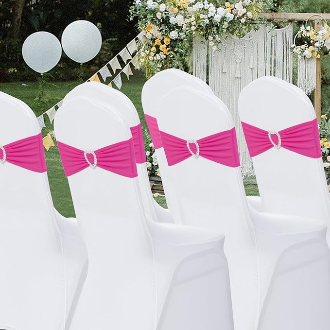 Howhic Pack of 120 Spandex Chair Sashes Bows Stretch Chair Cover Band with Buckle Slider Universal Elastic Chair Ties for Wedding Banquet Party Event Decoration (Fuchsia)