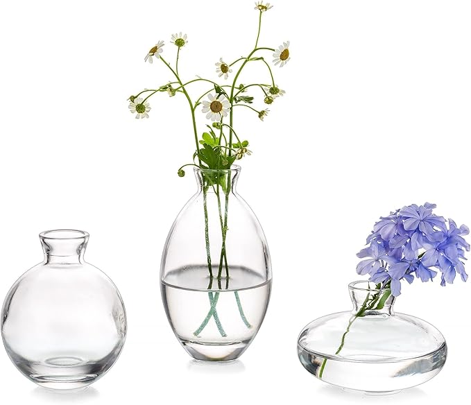 Glasseam Clear Glass Bud Vase, 3Pcs/Set Modern Decorative Small Mini Flowers Vases Short Minimalist Aesthetic Home Decor Vintage Cute Handmade Tiny Wedding Table Centerpieces for Single Flower Rose
