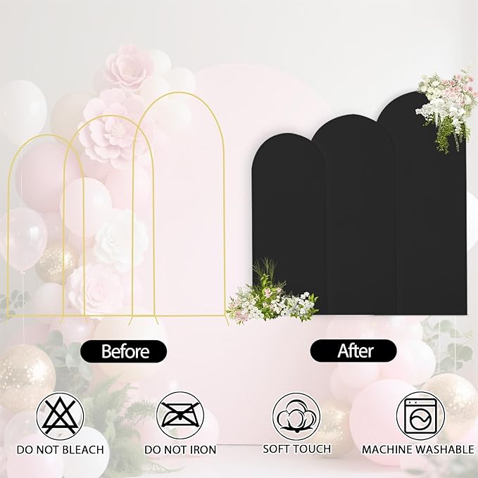 WEERRW Black Arch Backdrop Cover Ballon Arch Stand Covers Set of 3 Spandex Fitted Round Top Chiara Stretchy Backdrop for Wedding Birthday Party Decoration(6FT, 6.6FT, 7.2FT)