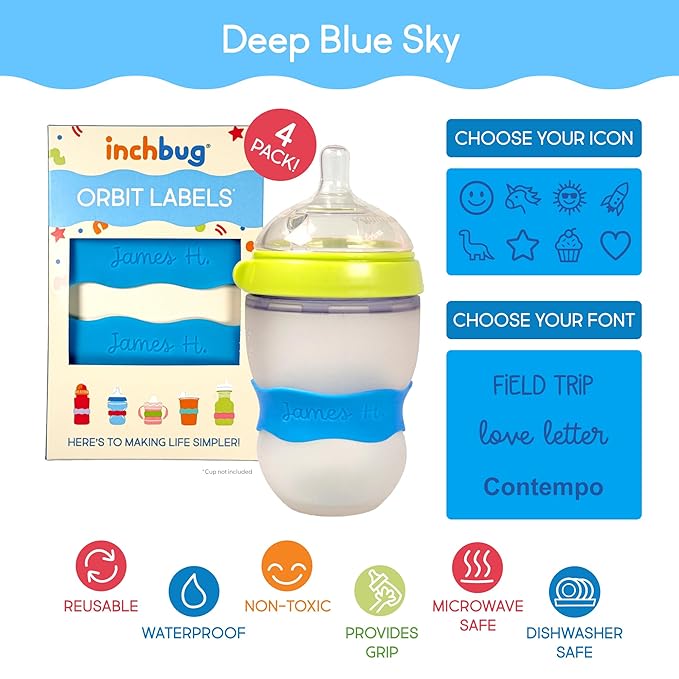 InchBug Orbit Labels - Baby Bottle Name Labels for Daycare, Sippy Cup Bands - Engraved Silicone, Reusable, Dishwasher Safe, Matching Color Personalization, 4-Pack (Deep Sky Blue)