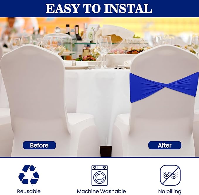 Kinlop 50 Pcs Spandex Chair Sashes Bows Chair Bands Slider Sashes for Covers Elastic Bands Ties Without Buckle Decorations for Wedding Party Events Ceremony Birthday(Blue)