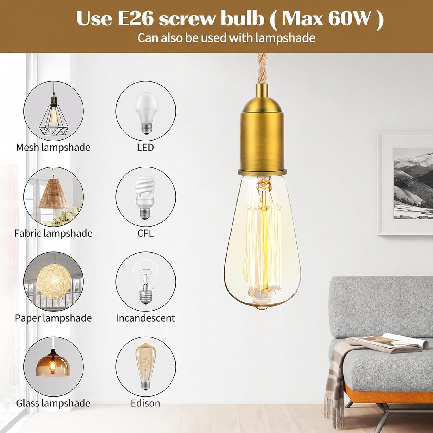 Plug in Pendant Light Cord 15FT Hemp Rope, Hanging Lamp Kit | Twisted rope cord, ceramic E26 socket, gold aluminum shell, inline switch, rustic hanging lantern style