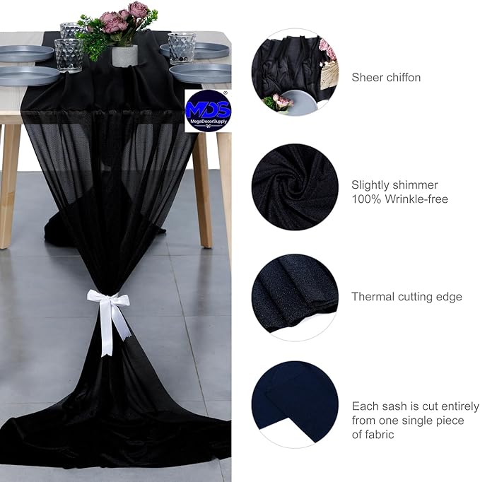 MDS 25 Pack 10ft Chiffon Table Runner 29 x 120 Inches Sheer Wedding Runner Romantic Rustic Table Runner for Wedding Decorations, Birthday Parties, Bridal Shower Party Arch Decor - Black