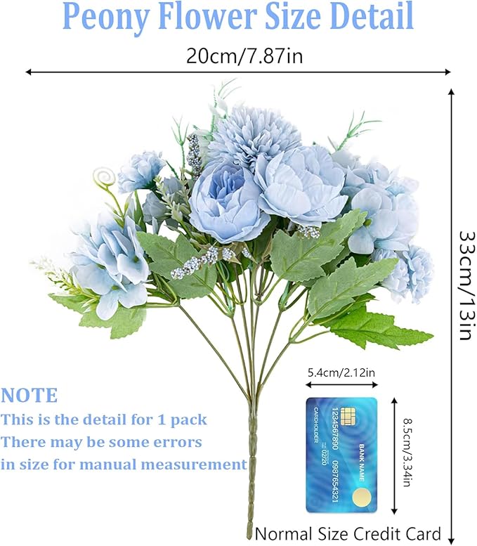 6 Pack Artificial Flowers, Fake Faux Peony Silk Hydrangea Plastic Carnations Daisy Realistic Flower Arrangements for Wedding Decoration Table Centerpieces, for Home Office Party Decor (Blue)