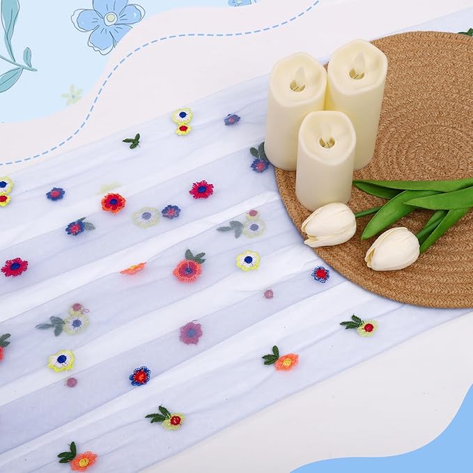 3PCS Blue Floral Table Runner 10 FT, Embroidery Daisy Table Runners Seasonal Sheer Tulle Table Runner for Thanksgiving Wedding Birthday Baby Shower Party ﻿