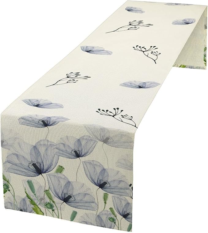 Watercolor Poppy Floral Table Runner, Abstract Seasonal Spring Summer Blue Purple Flower Kitchen Dinning Table Runner for Indoor Outdoor Home Wedding Party Holiday, 13x90 Inch