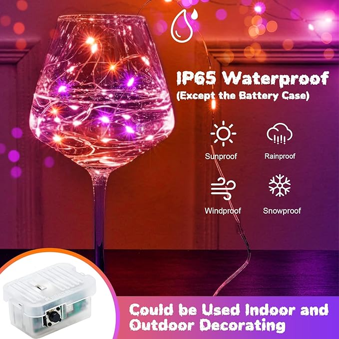ZGWJ 24 Pack Halloween Fairy Lights Battery Operated, 7ft 20 Mini LED Halloween Fairy String Lights Silver Wire 3 Modes Waterproof for DIY, Parties, Bedroom Decorations Orange& Purple