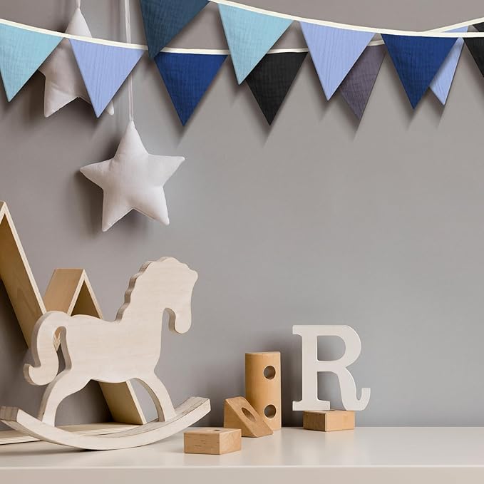 Oudain 15.5 ft Pennant Banner Flags, 2 Pcs Nursery Garland Triangle Bunting Flag Baby Banner for Nursery Decor Baby Birthday Boho Wedding Shower Party Event, Each 7.75 ft(Blue Color)