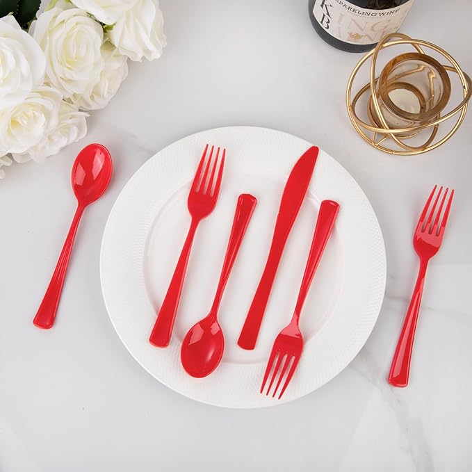 WDF 160 Piece Heavy Duty Silverware - Red Plastic Utensils with 80 Forks, 40 Spoons, 40 Knives - Perfect for Christmas Parties & Daily Use