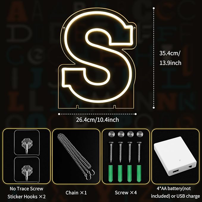 Light Up Letters S, Led Marquee Letter Lights Neon Sign, 13.9" Height Decorative Lighted Alphabet Number, Battery/USB Powered Led Letters Lights for Wedding, Birthday, Party, Christmas or Home Decor