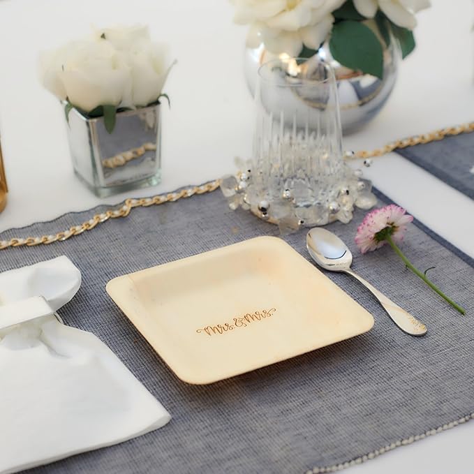 Mrs. and Mrs. Disposable Wedding Plates – Rustic, Compostable Alternative to Plastic Plates for Wedding Receptions, Engagement Parties, and Rehearsal Dinners (Appetizer, 50-Pack)