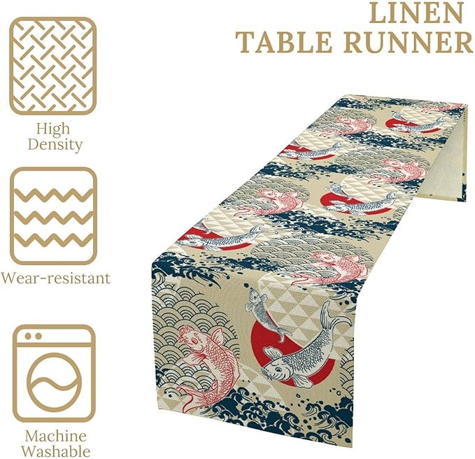 Japanese Table Runner Oriental Tradition Kio Fish Art Printed Burlap Runner Home Kitchen Dining Table Living Room Decor Fabric 1 Panel W13xL70in