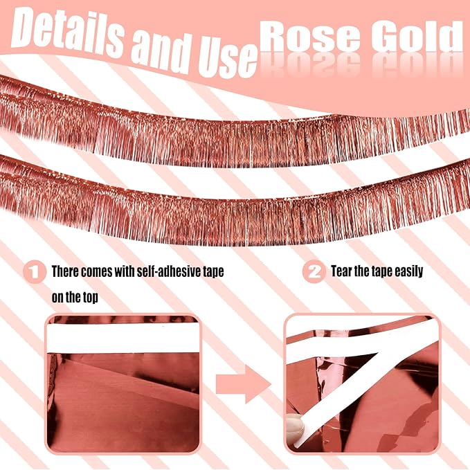 6 Pack 10 Feet Rose Gold Foil Fringe Garland Metallic Tinsel Streamers Banner Wall Hanging Curtain Backdrop Banner for Parade Floats, Thanksgiving, Christmas, Birthday, Halloween Party Decorations