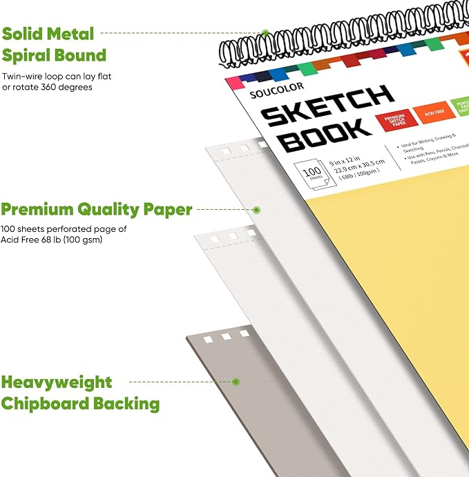 College Graduation Gifts, Halloween Christmas Gifts, Nursing Student Essentials, Teacher Appreciation Gifts, Soucolor 9" x 12" Yellow Sketch Book, 1-Pack 100 Sheets Spiral Bound Drawing Paper