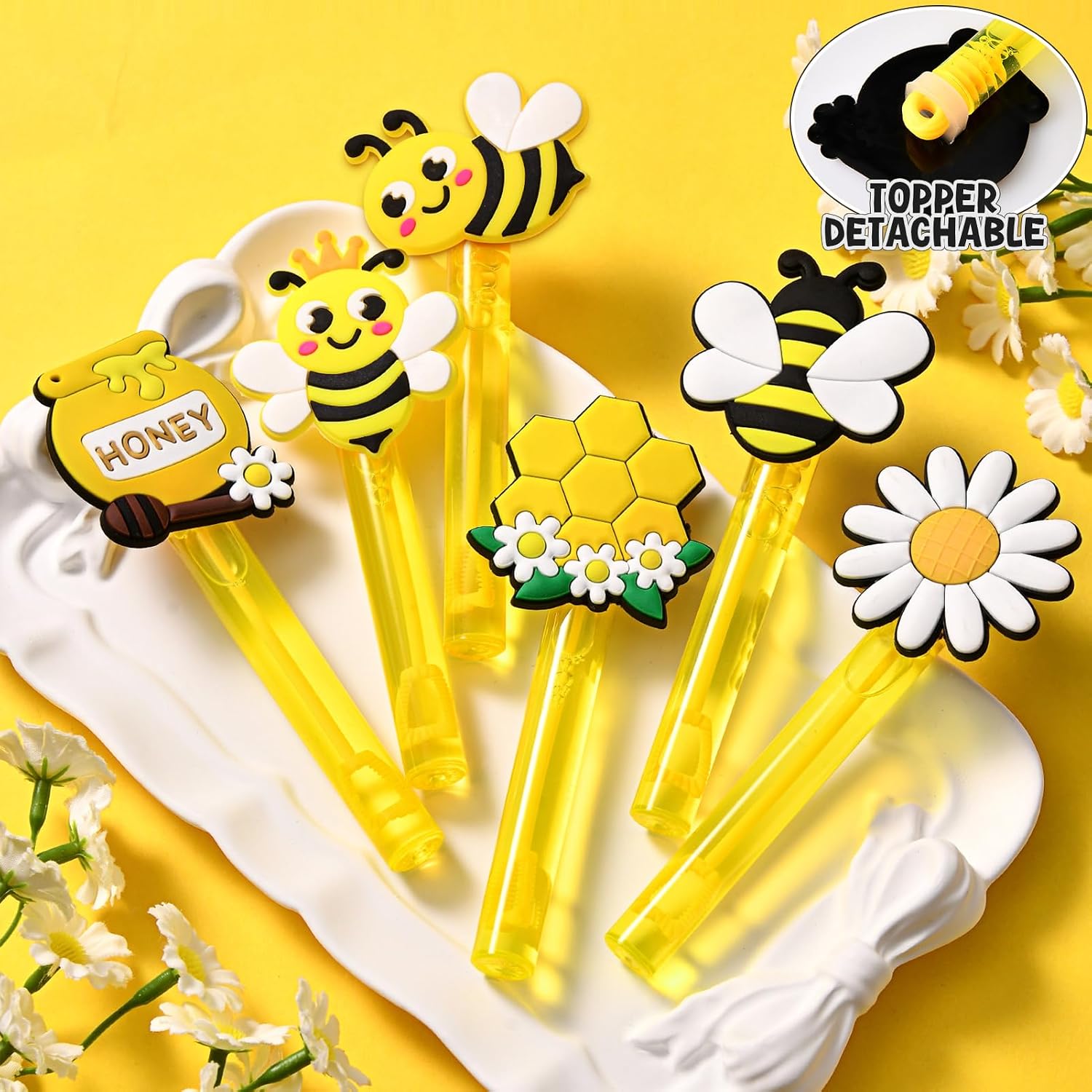 Winrayk Bee Party Favors, 24Pcs Bee Themed Mini Bubble Wands for Kids Bubbles Bulk with Detachable Topper (6 Styles & Colors), Birthday Gift Easter Goody Bag Stuffer Classroom Prizes Honey Party Favor