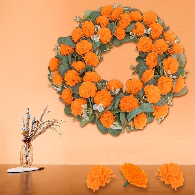80 Pcs Artificial Marigold Flowers,2" Silk Marigold Flower Heads with Stems,Orange Flowers Artificial for Diwali Decor,Indian Wedding,Home,DIY Wreath Garland,Day of The Dead Decorations