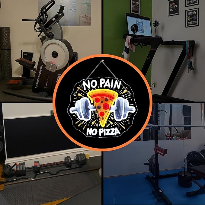 Lucunstar Gym Neon Sign No Pain No Pizza UV Printed Light Signs For Wall Decor Dimmable Dumbbell Barbell Led Lights Decoration Fitness Club Gift For Teens Sports Room USB Powered 14.57 x 12.6 inches