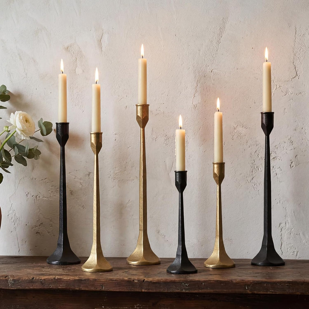 Gold Iron Taper Pillar Candle Holders Set of 3, Candlestick Holders Rustic Vintage Decorations, Tall Candle Stand for Home Decor Mantle Dining Coffee Table Outdoor Wedding-11.8"+13.8"+15.4"