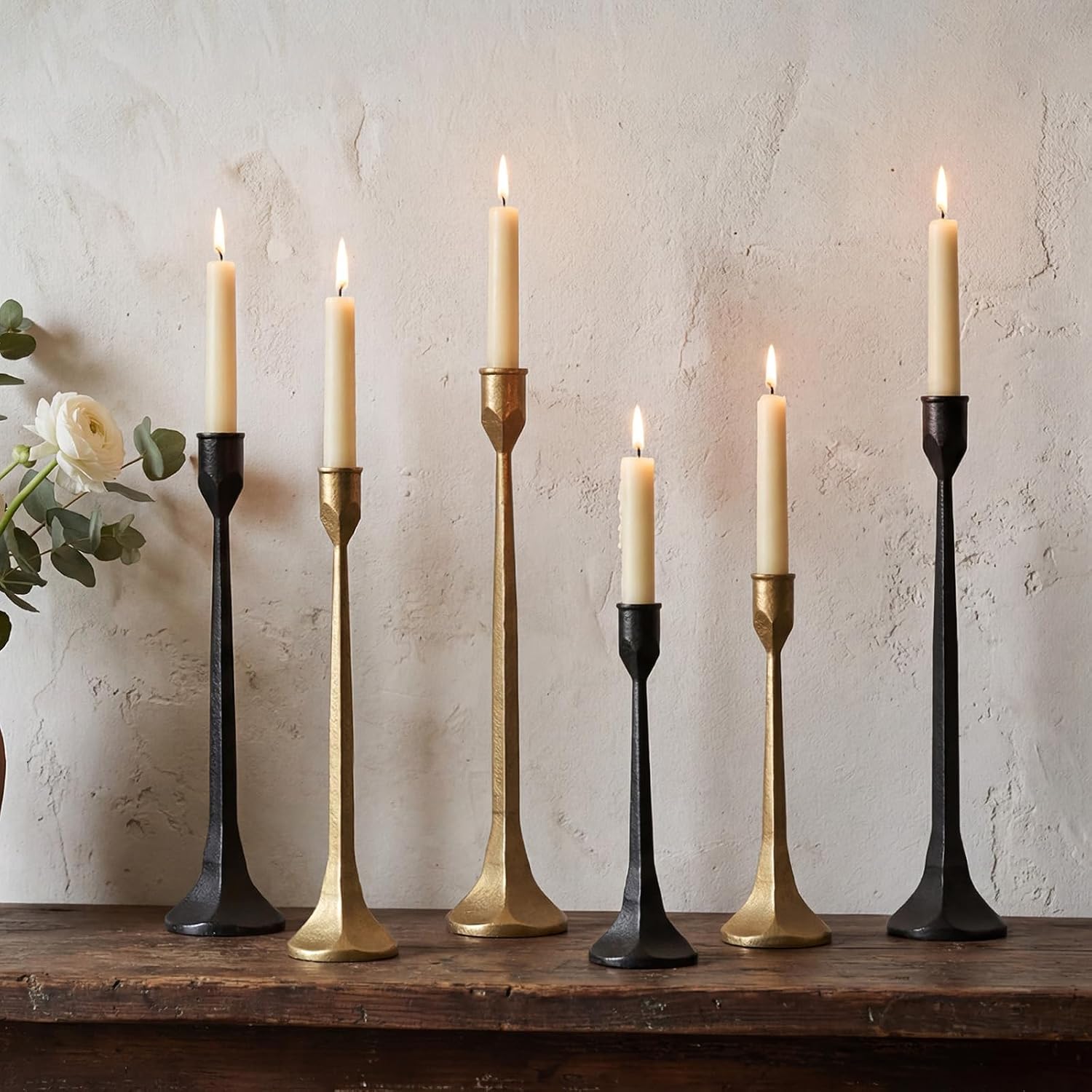 Gold Iron Taper Pillar Candle Holders Set of 3, Candlestick Holders Rustic Vintage Decorations, Tall Candle Stand for Home Decor Mantle Dining Coffee Table Outdoor Wedding-11.8"+13.8"+15.4"