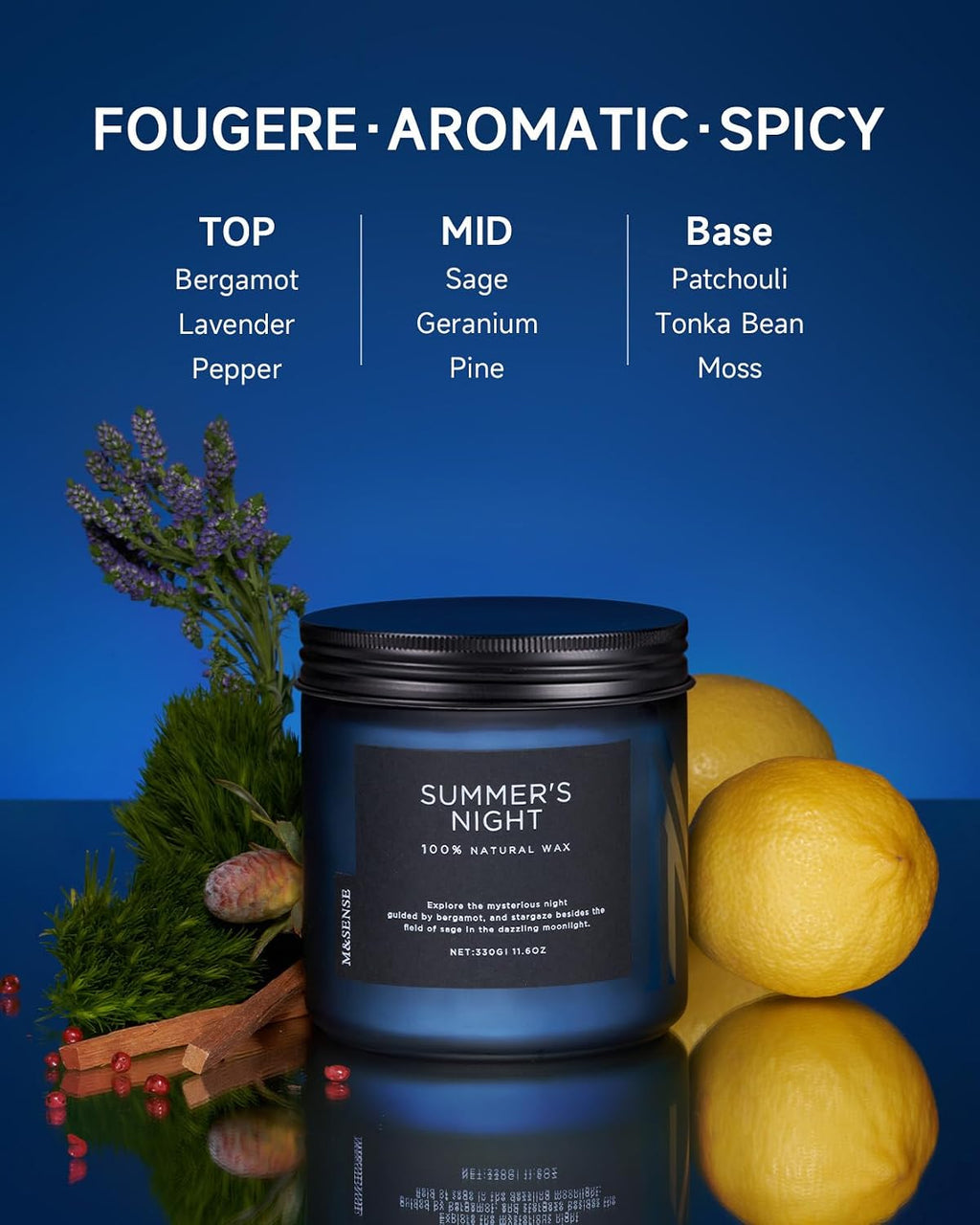 M&SENSE Summer's Night Home Scented Candles, 11.6oz Natural Organic Soy Wax, 70 Hours Long Burning, Non Toxic Aromatherapy Candle, Highly Men Scented for Bathroom Bedroom, Romantic Smelling for Men