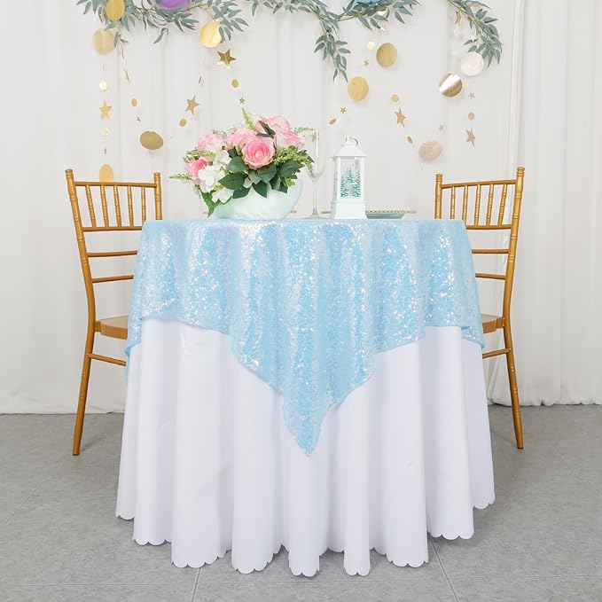 ShinyBeauty Iridescent Aqua Sequin Tablecloth Square Overlay Aqua Blue Tablecloth Cover Glitter Table Cloth Small Tablecloth for Birthday Baby Shower Decor (36”X36”)