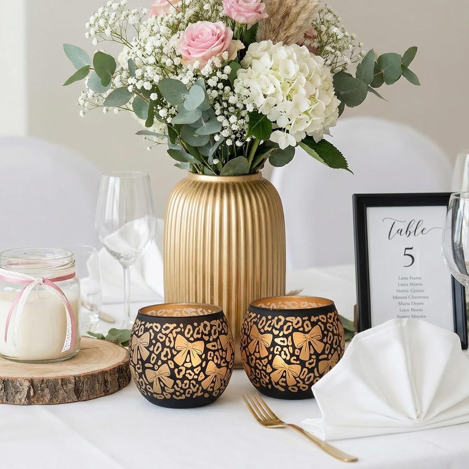 Leopard Candle Holder with Bow Set of 2, Black Gold Votive Tealight Candle Holders for Room Decor, Aesthetic Ribbon Votive for Wedding Centerpieces & Leopard Birthday Party Decorations