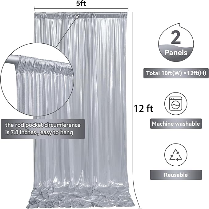 10x12ft Silver Sequin Backdrop Curtain Panels for Parties, Wrinkle Free Glitter Photo Backdrop Drapes 2 Panels 5x12FT Shimmer Back Drop Cloth for Wedding Birthday Christmas Photography Background