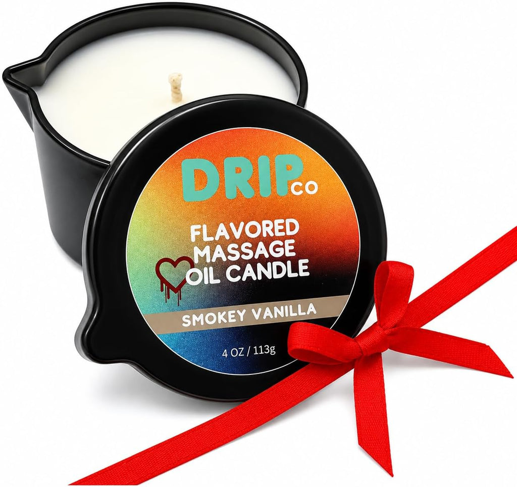 Drip Massage Candle 4 oz Smokey Vanilla, Pour on Skin, Couples Gift Item | Warms to oil for use on body, soy wax formula, aromatherapy scent, date night favor, home spa moment, bachelorette gift