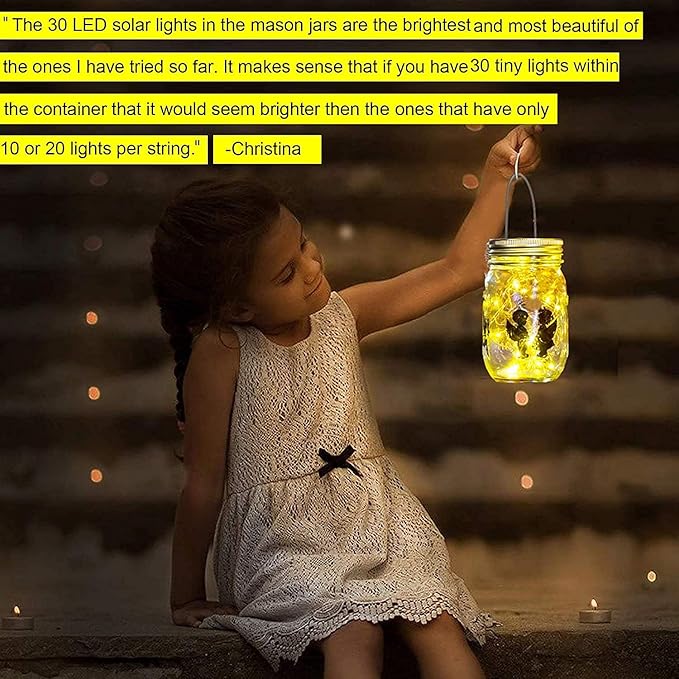 12 Pack Solar Mason Jar Lid Lights - 30 LED Firefly Fairy String Lights, Waterproof Outdoor Solar Lights with Hangers for Regular Mouth Jars (No Jars Included)
