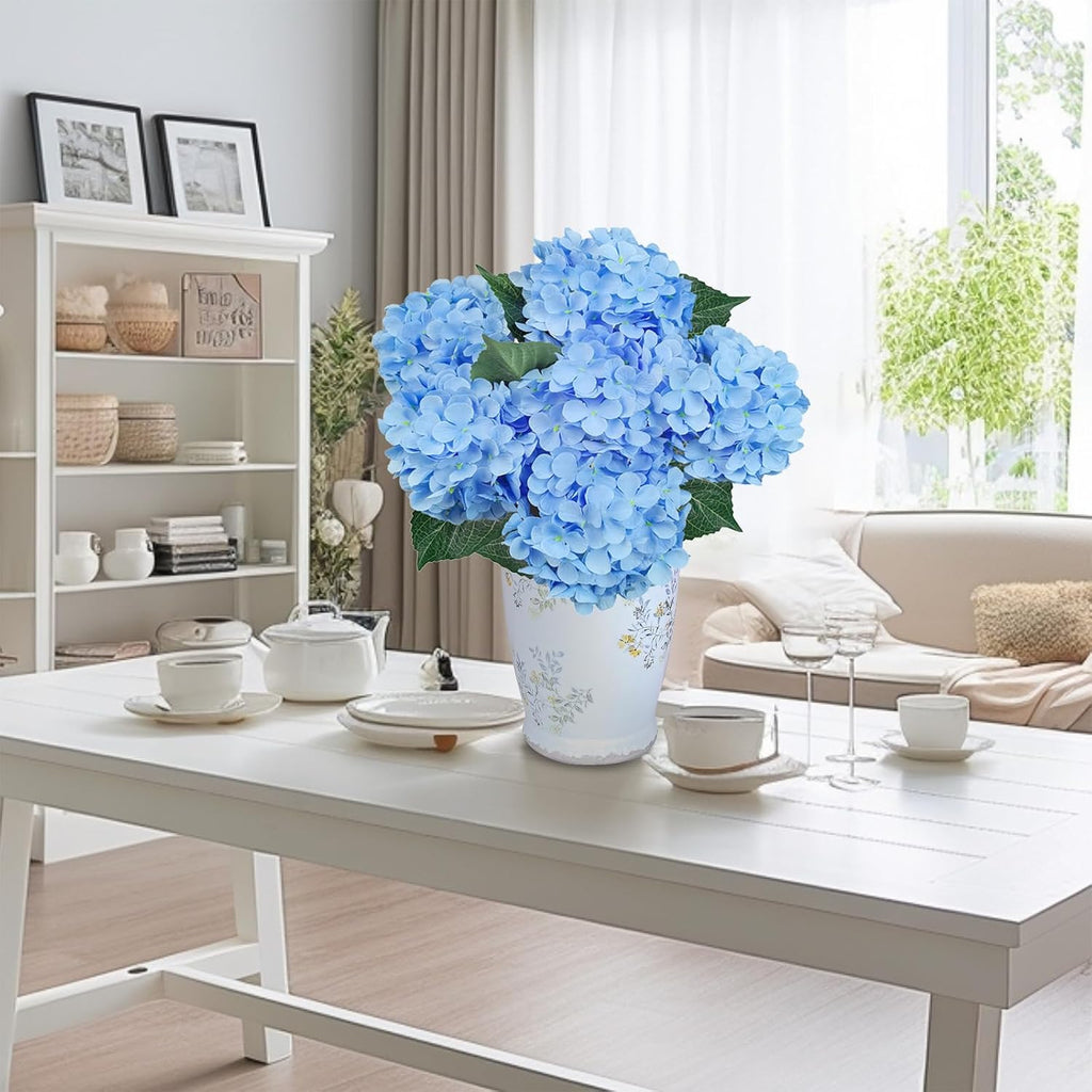 6PCS Premium Blue Silk Hydrangea Artificial Flowers Bouquets - Realistic Fake Hydrangea with Stems, Faux Flower Arrangement for Home Wedding Party Baby Shower Table Centerpieces Decoration