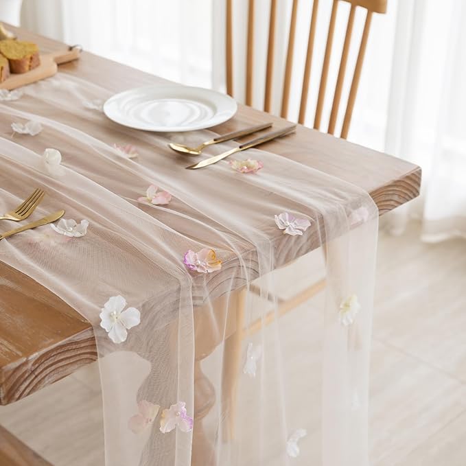 Romantic Artificial Floral Table Runner 10ft Gauze Tulle Lace Table Runner Set for Wedding Baby Shower Bridal Shower Holiday Kitchen Dining Table Decoration for Home Party Special Occasion (2Pcs)