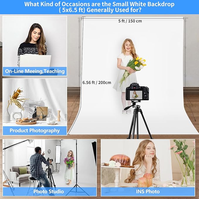 HEMMOTOP Photo Backdrop Curtains, 5x6.56 ft White Backdrop for Photoshoot, White Photography Seamless Backdrops Background for Easter, Birthday Party, Halloween, Photo, Projector Screen (150x200 cm)